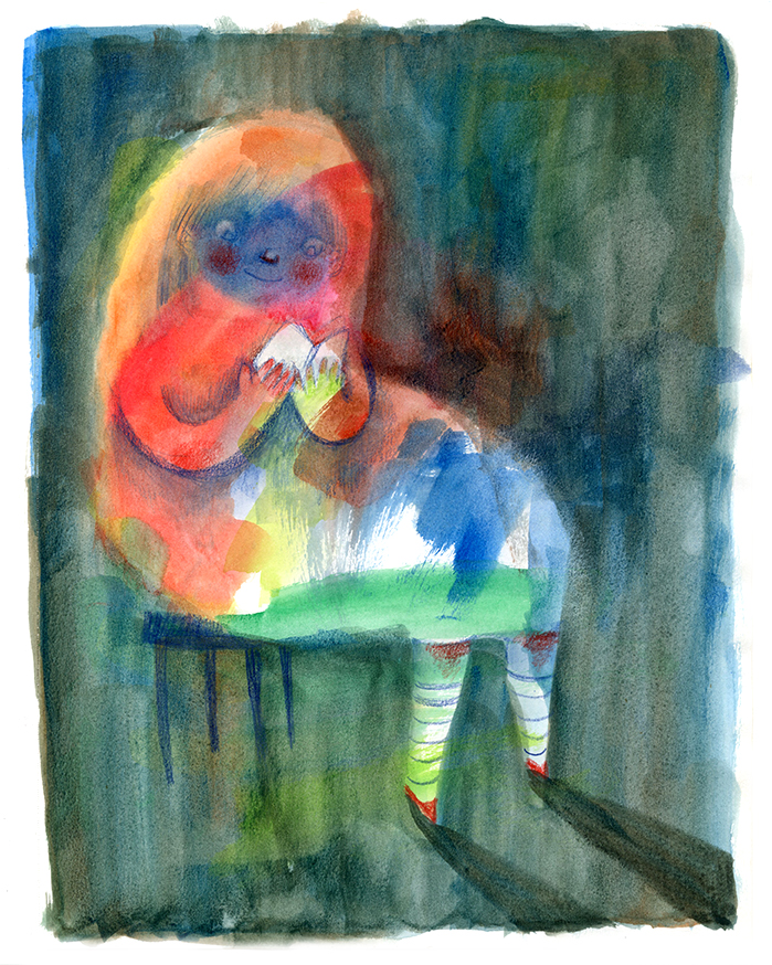 Girl on a chair, filled with splashes of color, reading a book